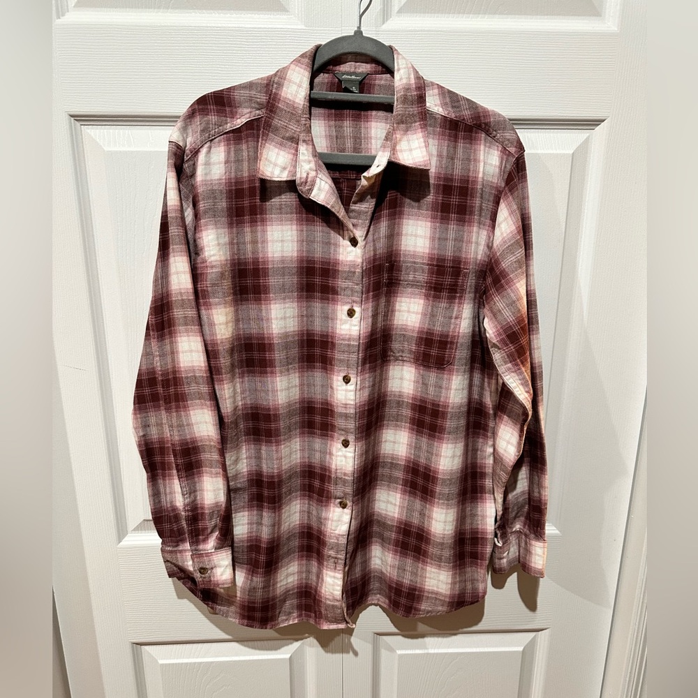 Eddie Bauer tunic length flannel shirt, size L Tall, pink plaid